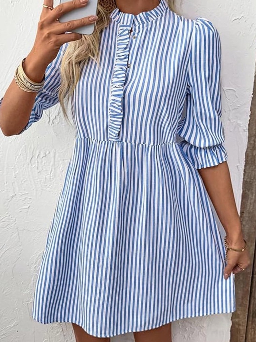 Striped Dress for Women Blue White Vertical Stripes Ruffle Collar Puff Sleeve